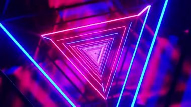 Soyut fütüristik üçgen tüneldeki neon mavi ve kırmızı ışıklı uçuş animasyonu ile soyut bir arkaplan. 4K 3D, kusursuz döngünün animasyonu. Renkli lazer neon çizgileri sonsuz döngü.