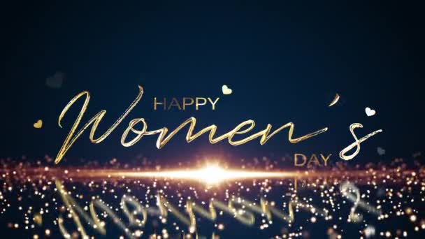 Happy Women Day Text Auriu Particule Aurii Lumina Podelei Reflectă — Videoclip de stoc