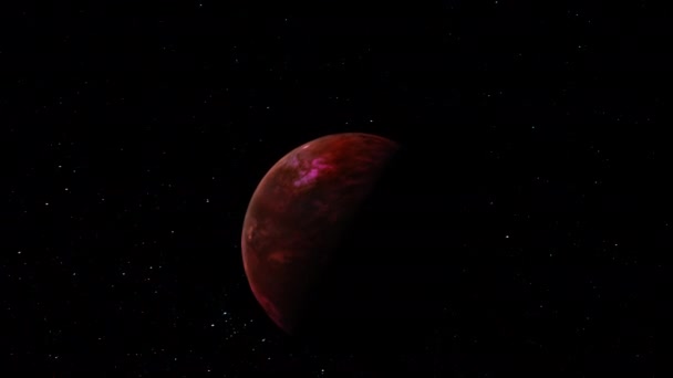 アブストラクト宇宙探査は 外宇宙の永遠の銀河で赤い惑星によって飛行します 3Dレンダリングファンタジー惑星 アブストラクト 謎のSf赤いエイリアン惑星In Space Scene — ストック動画