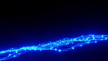 Parlayan çizgilerin ve parçacıkların dinamik dalgası. Dijital teknoloji veri ağı iletişim ağı kavramı. 4K 3D, noktaları ve çizgileri birleştiren kusursuz döngü dalgası. Teknoloji geçmişi.