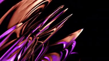 4K 3D döngü soyut sanat sürreal makineler endüstriyel çok renkli metalik dişli tekerlek sarmal bükülmüş şekil, keskin bıçaklar turuncu mor renkte siyah arka plan.