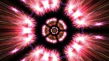Patlayan Kaleydoskop Fişekli Fütürist Işık Rotasyonu. 4K kusursuz döngü. Hareketli ve dönen ışıkla soyut şekil. Başlıklar için floresan parlak altın ışık, sunum. 
