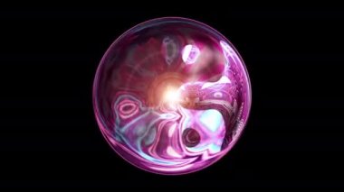 4K 3D parlak pembe ışık sihirli küre. Siyah zemin üzerinde soyut dijital fantezi hipnotik top, modern siber top arka planı, VJ döngülü animasyon. Soyut Yüksek Teknolojik Gelecek Çemberi.