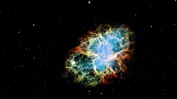 カニ星雲Ngc 1952深宇宙での探査 カニ星雲パルサー超新星銀河のアニメーションに飛び込む 星のフィールドや銀河の空間を旅する Nasaの画像によって装飾された要素 — ストック動画