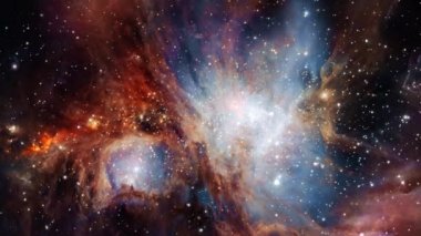 Uzayın derinliklerinde Orion nebulası keşfi. Orion Bulutsusu 'na 4K Uçuş Messier 42, M42, NGC 1976 olarak da bilinir. NASA görüntüsüyle döşenmiş elementler. Yıldız alanlarında gezinen 3B animasyon.