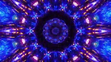 Mavi Altın Turuncu Kaleydoskopik simetrik dönüşlü hipnotik geometrik desen siyah arka planda hareket ediyor. Soyut mandala döngüsü. 4K 3D kusursuz döngü ve başkalaşım. 
