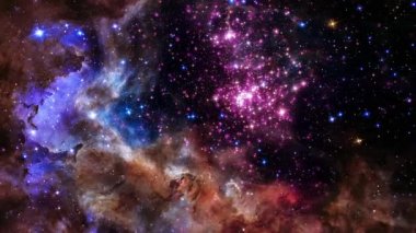 Westerlund 2. Uzay Uçuş Yıldız Alanı Galaksi ve Nebula derin uzay keşifleri. 4K 3D Westerlund 2 'ye Uçuş, Dünya' dan 20.000 ışık yılı uzaklıktaki genç yıldız kümesi. NASA resmi.