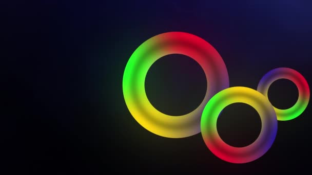 抽象多色のネオンサークルシームレスな背景 3D虹色スペクトルループアニメーション蛍光紫外光輝く メッセージのコピースペースがある現代的な背景 — ストック動画