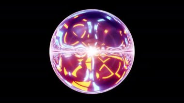 Parlayan neon turuncu mavi ışık küresi. Soyut dijital elektronik ışık küresi hipnoz topu, modern siber tekno top, soyut arka plan, döngülü animasyon. 4K Soyut İleri Teknoloji 3D Çember.