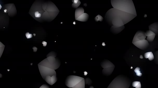 3Dレンダリング概要白いハートの粒子が光る黒い画面の背景に浮かぶボケでフェード 母の日 バレンタインデー 結婚記念日の愛のためのロマンスループアニメーション — ストック動画