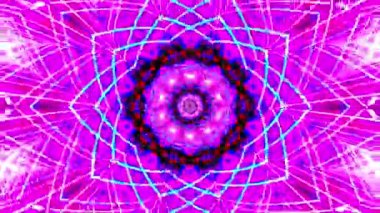 Soyut VJ döngüsü pembe beyaz görsel kalaidoskop mandala deseni 3d düz illüstrasyon dipsiz döngü animasyonu. Parlayan parlak yıldız kalaidoscope yaratıcı soyut simetrik sanat arkaplanı.