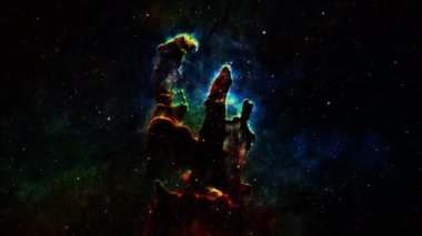 Yıldız alanı Galaksi ve Nebula 'ya 4K 3D Uçuş. Kartal Bulutsusu, yanıp sönen gaz bulutuyla derin uzay keşfi. Uzay Keşfi Messier 16 Kartal Bulutsusu. NASA görüntüsüyle döşenmiş.