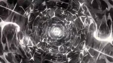 Soyut Siyah ve Beyaz Bilim Kurgu Portal Fütüristik Sonsuz Uzaylı Mağara Tüneli. Enerji ışığı dalga etkisi yaratıyor. 4K 3D Kusursuz Döngü Solucan Deliği Hareketi Arkaplan Canlandırması.