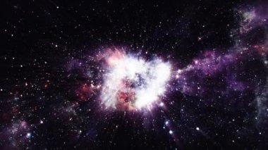 Soyut süpernova ya da uzayda yıldız patlaması. 4K 3D kusursuz patlama süpernovası. Gerçekçi yıldız alanı parlak yıldızına 3 boyutlu bilim-kurgu uzay uçuşu. Uzak galaksi