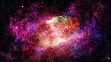 Bilimsel filmler ve uzayda sinema için Soyut Uçuşan Dev Nebula arkaplanı. 4K 3D kusursuz döngü animasyon uzay yolculuğu, sahne için gökada ve nebula simülasyonu, başlıklar.