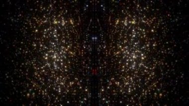 4K parıldayan simetrik desenli yıldız tozu izleri siyah arkaplana düşen parlak parçacıklar. Üç boyutlu kusursuz döngü. Işıl ışıl parlayan altın arkaplan, düşen yıldız tozu ışığı etkisi..