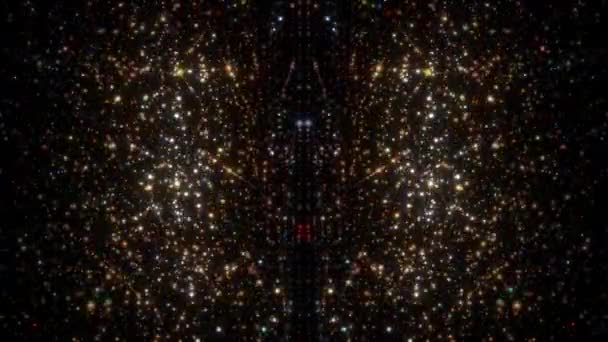 4K輝く対称パターンスターダストトレイル輝く粒子は黒の背景に落ちる 3Dシームレスループ 輝く輝きのあるゴールドの輝きの背景スターダストライト効果 — ストック動画