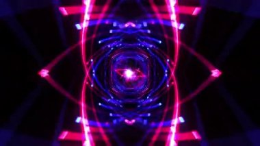 Siyah arkaplanda akan soyut kırmızı ve mavi neon çizgi şeritleri. 4K 3D kusursuz döngü fütüristik veri akışı arka planı, yüksek teknoloji bilgi aktarımı konsepti, hızlı ağ iletişimi.
