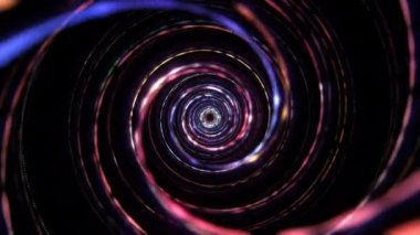 Parlak ve parlak neon ışıklı girdap hareketli siber uzaya sahip soyut teknoloji arka planı. Fütürist dijital ağ iletişim konsepti için girdap desenli tünel dokusu. 4K 3D Kusursuz döngü.