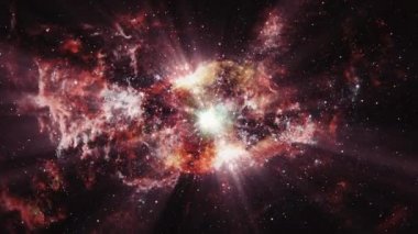 Derin uzay nebulasında parlayan bir yıldızla birlikte yıldız sahalarında seyahat eden soyut bilim kurgu. 4K 3D kusursuz döngü kamera bulutlar arasında uçuyor ve uzay boşluğunda cennet gibi yıldız tarlası var..