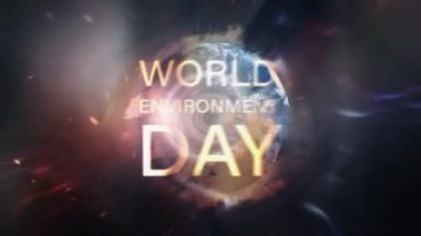 Dünya Çevre Günü yaratıcı tasarım destansı başlık karavan arka plan konsepti. 4K 3D pürüzsüz döngü Dünya Çevre Günü Mavi yeryüzü dönüşlü altın metin başlığı, ışık sızıntısı, duman, bulut.