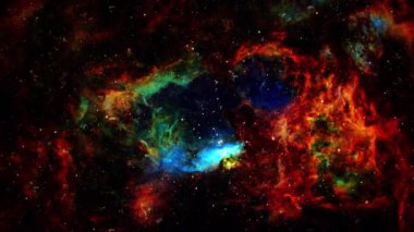 NGC 6357 'ye olan soyut döngü uzay yolculuğu Istakoz Bulutsusu. 4K 3D kusursuz döngü. NGC 6357 NGC 6334 yakınlarındaki Istakoz Bulutsusu 'nda bilim, bilim-kurgu uzay keşfi. NASA resimleriyle döşenmiş