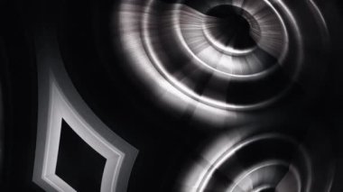 4K 3D kusursuz döngü animasyonu. Dalgaların yer değiştirmesinin etkisiyle soyut daireler. Siyah ve beyaz krom metal halka animasyonu. İş sunumu için soyut arkaplan, VJ döngüsü.