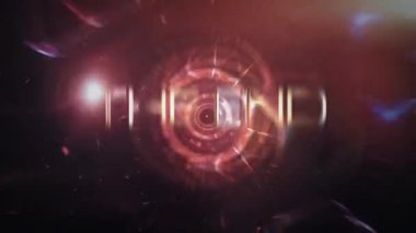 The End fütüristik sinematik bilim kurgu video görüntüleri. 4K 3D yorumlama başlığı Fenerli ve şok dalgalı fütüristik teknoloji hareket arkaplanlı Bitiş altın metin mesajını gösteriyor.