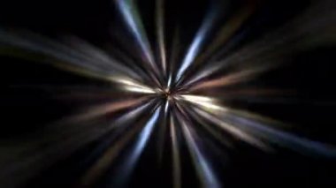 Merkezdeki yıldız dönüşünden yayılan ışın radyan ışıklarıyla yanıp sönen soyut döngü. 4K 3D fraktallar kusursuz döngü sonsuz karmaşık parlayan radyal ışık çizgileri.