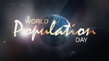 Dünya Nüfus Günü Kusursuz Döngü Karavanı Başlığı Arkaplan Kavramı. Dünya Nüfus Günü 'nün 4K 3D başlığı Sinema dumanı bulutu ve alevli ışık ve dünya bayrak kampanyası için dönüyor.