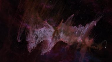 Uzaydaki gizemli nebulaya uzay uçuşu. Gizemli parlak nebula galaksisinin soyut uzay keşfi. 4K 3D illüstrasyon bilim-kurgu uzay yolculuğu karanlık hayalgücü nebulasına uçar..