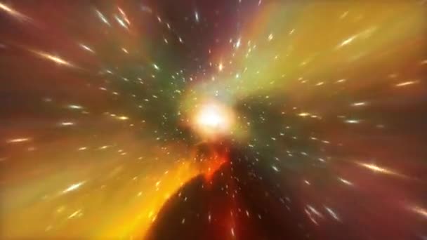 3D Saut abstrait dans l'espace dans le tunnel hyperspatial. Vol dans l'espace dans un tunnel de vortex lumineux jaune-orange lumineux dans la Galaxie. Hyperespace Sautez parmi les étoiles colorées. Vol spatial dans l'espace-temps.