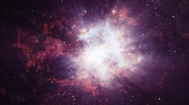 4K 3D cennet gibi parlayan nebula ve yıldız tarlası ile uzay arkaplanı. Kozmos sanatı. Uzay bulutsusu bilim, araştırma, eğitim, yaratıcılık ve hayal gücü üzerine projelerle kullanılmak üzere kusursuz döngü animasyonu.