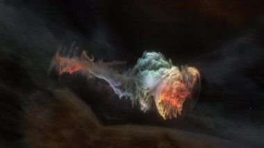 Abstract space exploration to glowing colorful unidentified nebula cloud in deep space. 4K 3D art illustration Sci-Fi Space flight to glow energy cloud. Galaxy exploration travel to alien nebula.