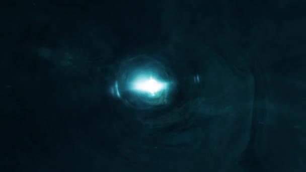 Animationen Fliegen Durch Dunkelgrün Leuchtende Blaue Ozeanwolkentunnel Ein Abstrakte Zeit — Stockvideo