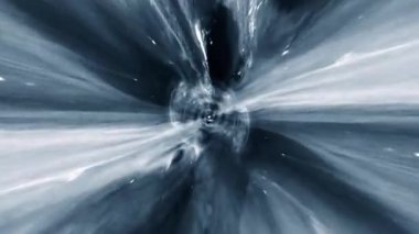 Beyaz mavi bulutlu nebula uzay-zaman girdabında soyut hiperuzay uçuşu. 4K 3D döngü bilim-kurgu yıldızlararası yolculuk hiper uzaydaki solucan deliğinde. Sarmal siber uzayda soyut ışınlanma sıçraması.