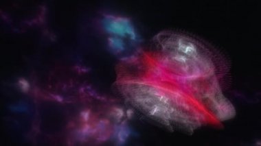 Soyut Beyaz Pembe Tanımlanamayan Uçan Nesne gece gökyüzünde dönüyor. Derin uzayda karanlık gökyüzüne karşı 4K 3D soyut sanat eseri tanımlanamayan gizemli uçan sarmal nesne. Bilimkurgu UFO birimi FX.