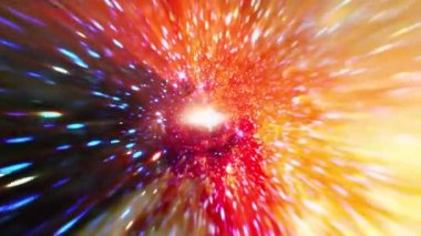 Parlak altın uzay zaman solucan deliği girdabında hiperuzay ışık hızı uzayı uçuşu. 4K 3D döngü renkli bilim-kurgu yıldızlararası uzay yolculuğu kavramı. Soyut Bilim Kurgu uzay ışınlaması.
