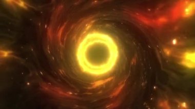 Soyut bilim teknolojisi döngüsü geçmişi. Işıl ışıl turuncu plazma gaz bulutundan kara delik dönüşümüne parlak merkez halka Halo ile çevrili. 4K 3D kusursuz döngü. Parlayan altın kara delik..