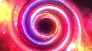 Soyut 4K 3D CGI renkli parlak kara delik ve uzayda gaz bulutu. Evrende dönen gökkuşağı ışığıyla dönen gizemli kara deliğe ya da solucan deliğine doğru uzay döngüsü uçuşu.