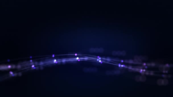 線と点の接続の背景で流れるデジタル粒子波 アブストラクトタイトルシームレス粒子線の濃い青のぼやけたアニメーション 3Dシームレスループ アブストラクトな未来的なサイバー空間 — ストック動画
