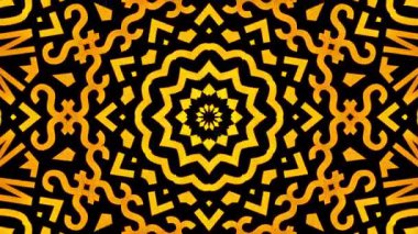 Siyah zemin üzerinde simetrik altın kaleydoskop soyut sonsuz hareket tasarımı döngüsü. 4K kusursuz döngü mandala sanat animasyonu. Lüks altın mandala ve siyah arka planda kraliyet altın mandala.