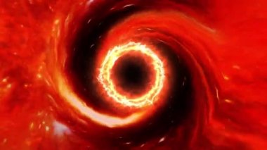 Derin uzay arkaplan animasyon 3D canlandırmasında parlak turuncu kara delik dönüşü. Süper kütleli BlackHole Sineması 4K animasyonu. Bilimkurgu Dış Alanı kara arkaplanda dönen kara delik. 