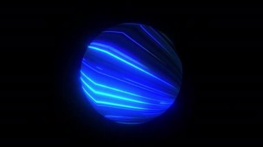 Siyah arkaplanda parlak mavi neon ışığı fütüristik küre dönüşü. 4K 3D kusursuz döngü çizimi soyut arkaplan animasyonu. Teknolojik küre animasyon neon dalgaları hareket tasarım şablonu.