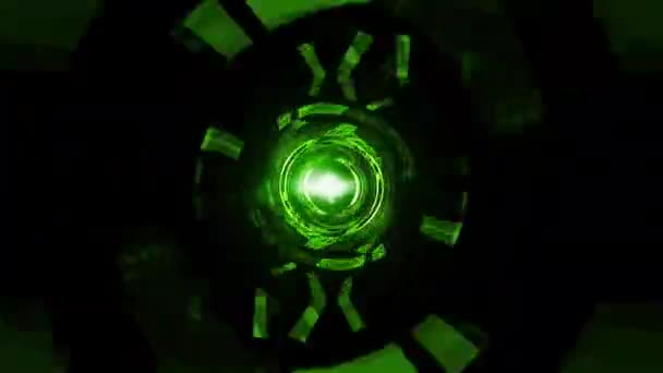 概要未来的なHudインターフェースと中心光フレアライトを備えた緑のネオントンネルパターンを発光させる ハイテク空間テクスチャ 抽象的な動きの背景 サイバーパンクのコンセプト 3Dシームレスループ — ストック動画