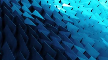 Geometrik düşük polimetrik mavi renk yüzeyinin soyut üç boyutlu görselleştirilmesi. 4K Bilgisayar animasyonu kusursuz döngü. Koyu arkaplanda mavi çokgen kule şekilli modern arka plan. Döngüsel hareket tasarımı.