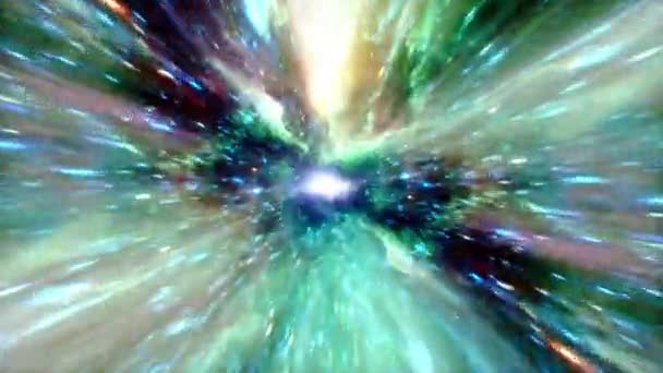 Абстрактный Сияющий Сине Зеленый Гиперпространственный Тоннель Сквозь Пространственно Временной Вихрь — стоковое видео