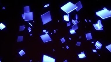 Birçok geometrik parlayan mavi kutunun soyut 3D görselleştirilmesi hareket edilebilir döngü tasarımı. 4K Bilgisayar animasyonu kusursuz döngü. Koyu arkaplanda parlak mavi düşük çokgenli modern arkaplan. 