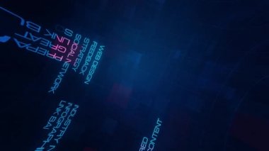 4K 3D rendering cinematic SEO word cloud concept. SEO word tag text animation on modern futuristic digital technology blue and red grid for intro title trailer, advertisement, business presentation.