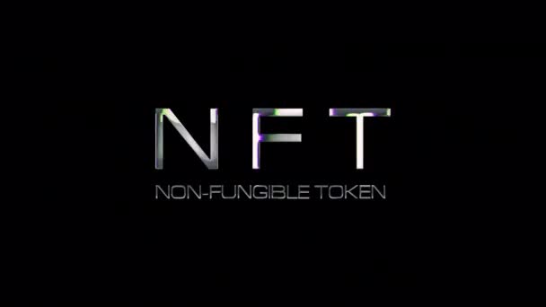 Nft Non Fungible Token Glitch Texteffekt Mit Silberfarbener Leuchtschleifenanimation Isolierte — Stockvideo